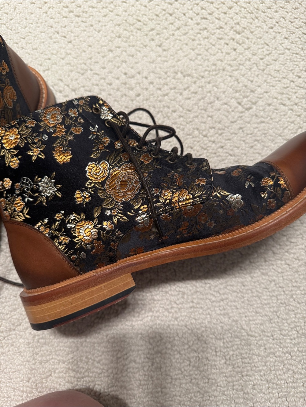 Taft Black Brocade Floral Lace-Up Boots with Brown Leather Cap - Picture 4 of 4